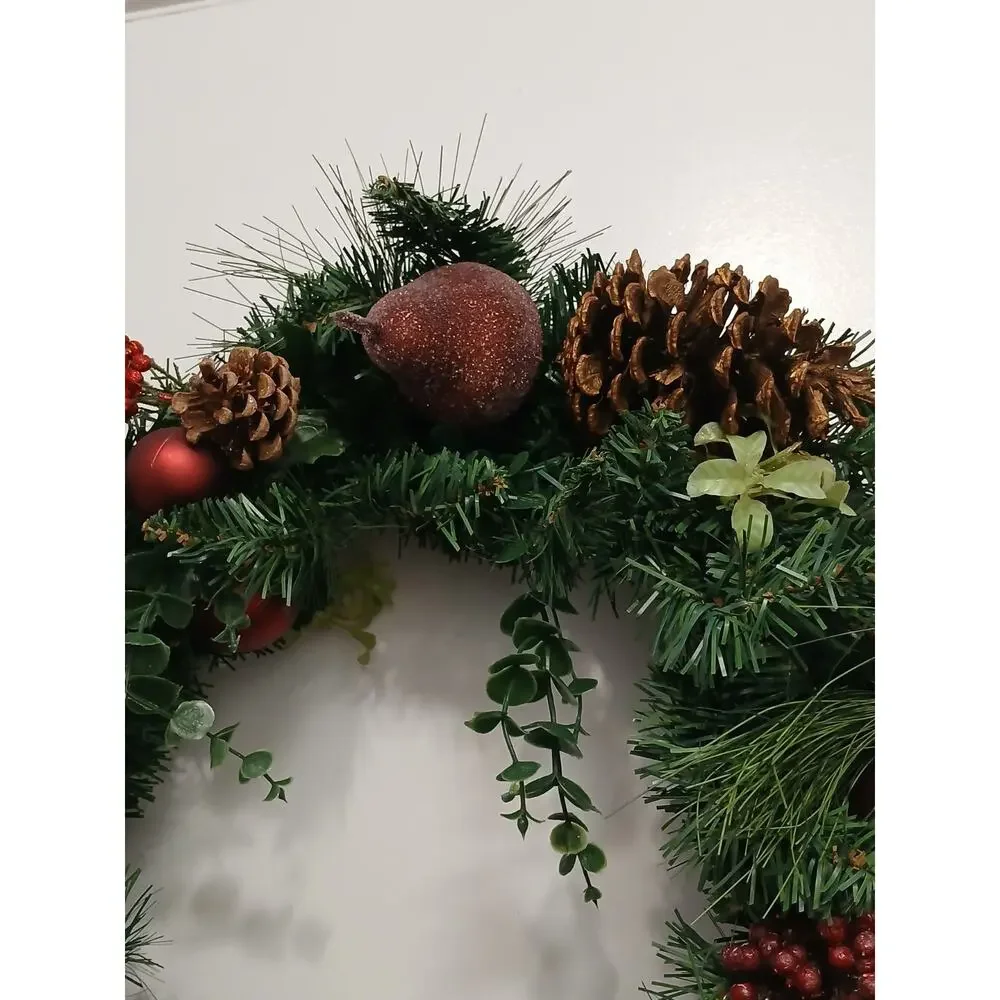 Partridge In Pear Tree Winter Door Wreath Realistic Holiday Crystal Fruit Apple